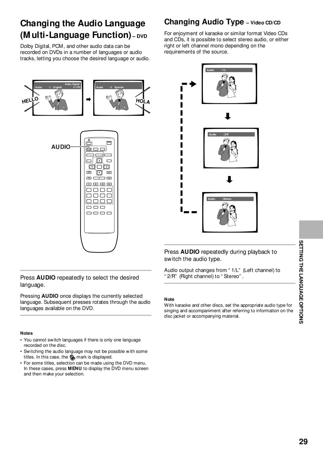 Pioneer DV-525 Changing the Audio Language Multi-Language Function DVD, Changing Audio Type Video CD/CD 