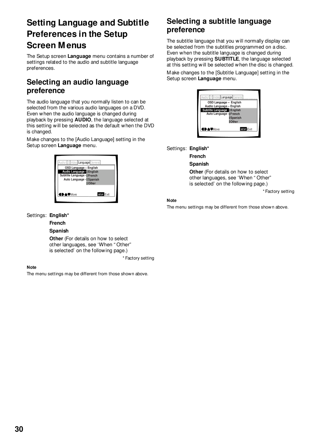 Pioneer DV-525 Preferences in the Setup Screen Menus, Selecting an audio language preference, French Spanish 