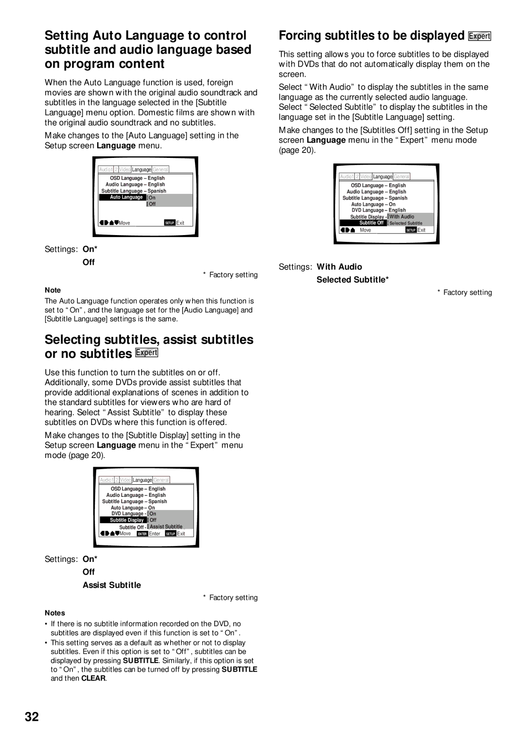 Pioneer DV-525 Forcing subtitles to be displayed Expert, Off Assist Subtitle, Settings With Audio, Selected Subtitle 