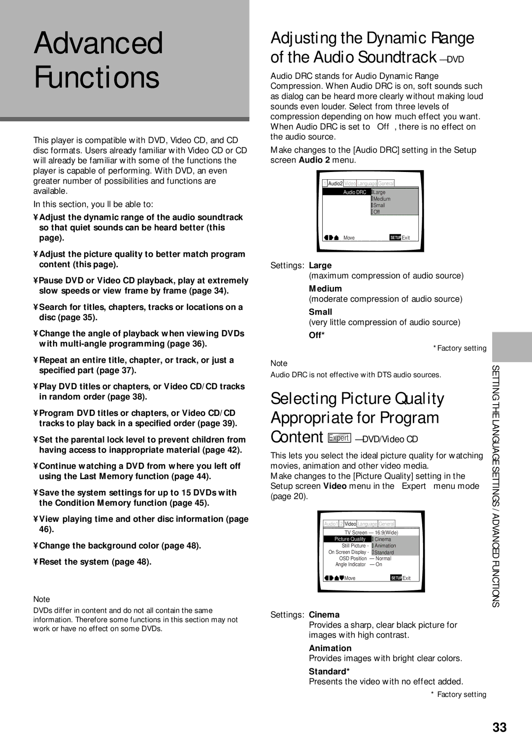 Pioneer DV-525 operating instructions Advanced Functions, Selecting Picture Quality Appropriate for Program, Content 