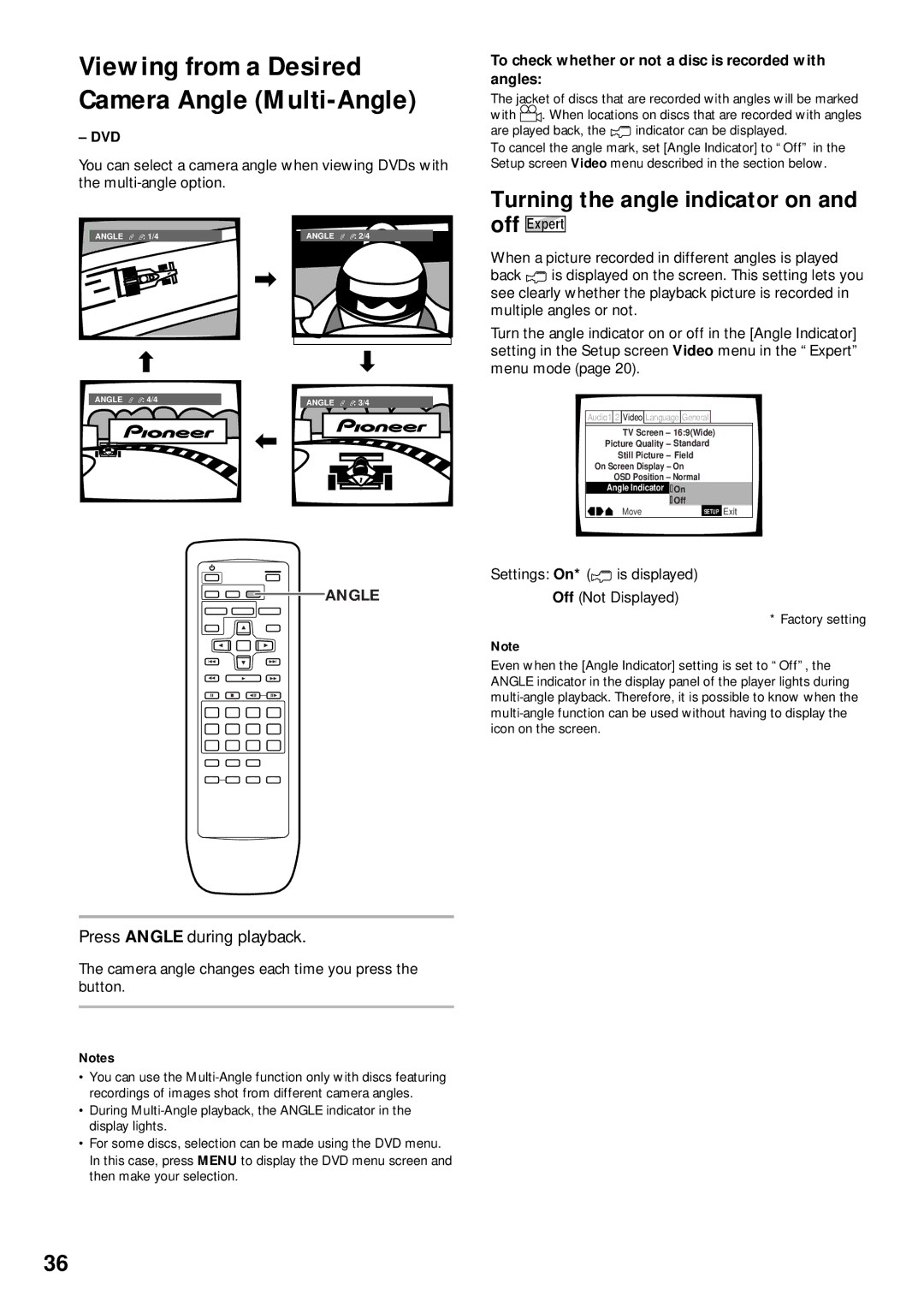 Pioneer DV-525 operating instructions Viewing from a Desired Camera Angle Multi-Angle, Turning the angle indicator on 