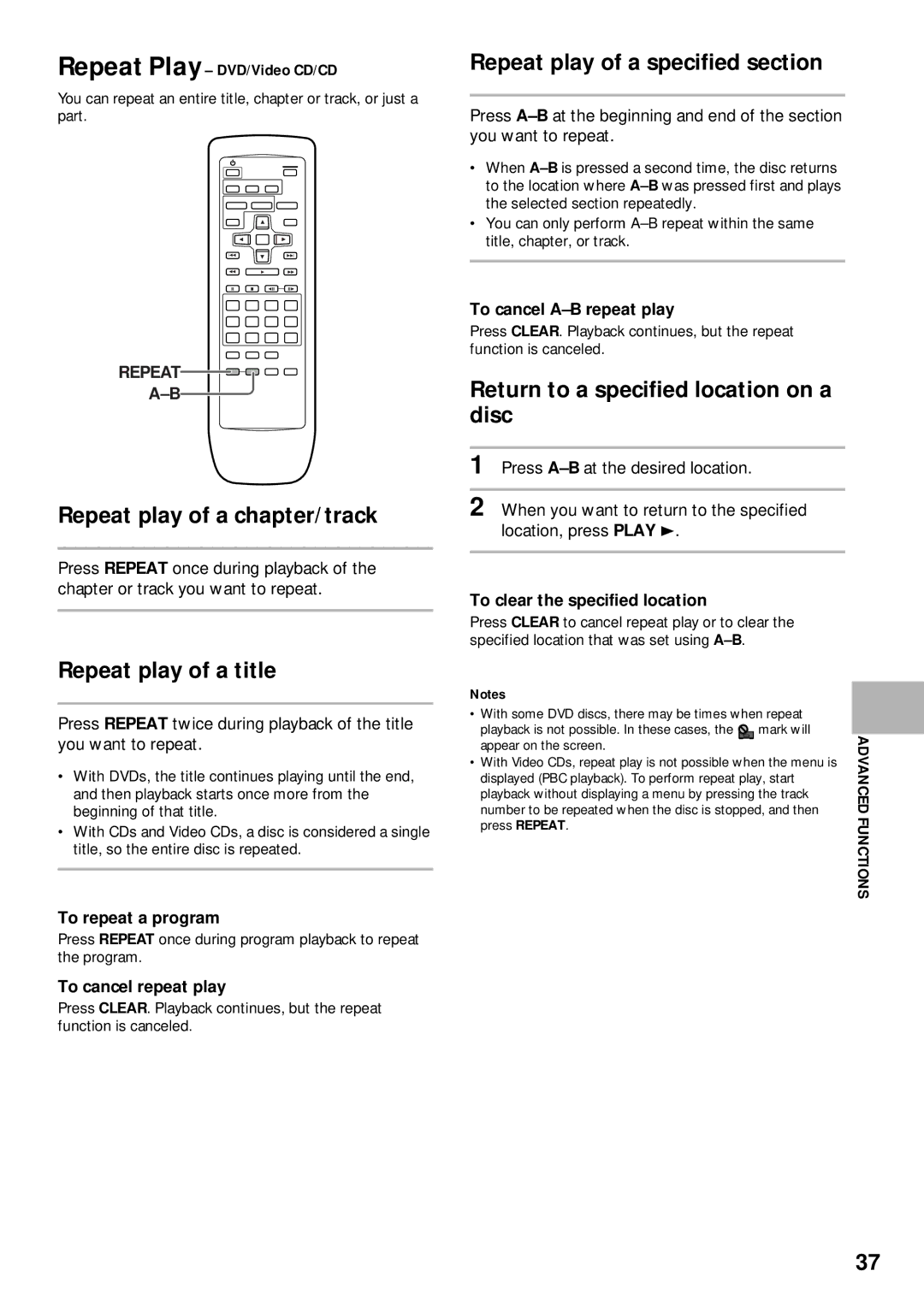 Pioneer DV-525 Repeat play of a chapter/track, Repeat play of a title, Repeat play of a specified section 