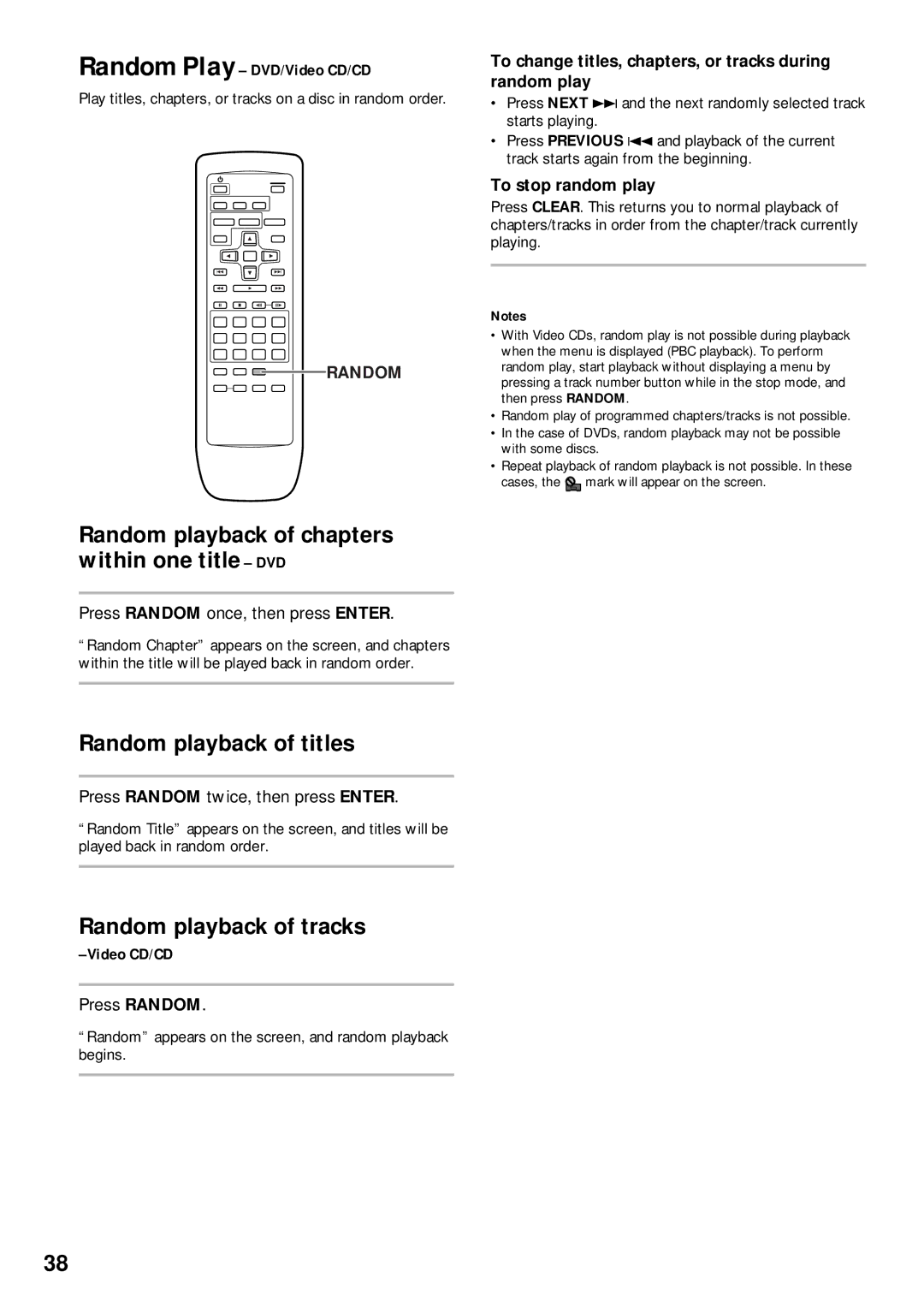 Pioneer DV-525 Random playback of chapters within one title DVD, Random playback of titles, Random playback of tracks 