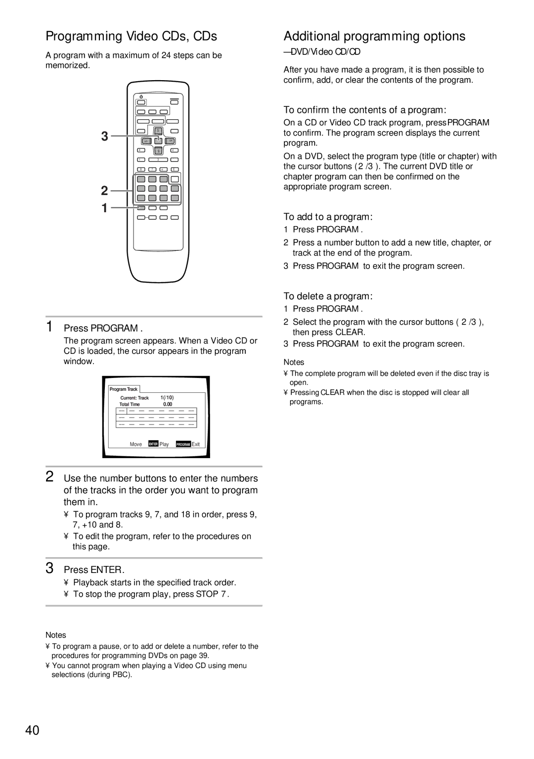 Pioneer DV-525 Programming Video CDs, CDs, Additional programming options, To confirm the contents of a program 