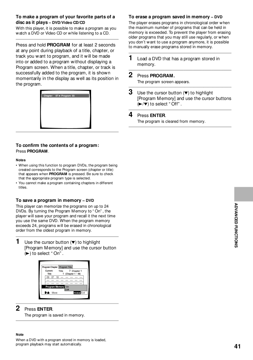 Pioneer DV-525 To save a program in memory DVD, To erase a program saved in memory DVD, Press Program 