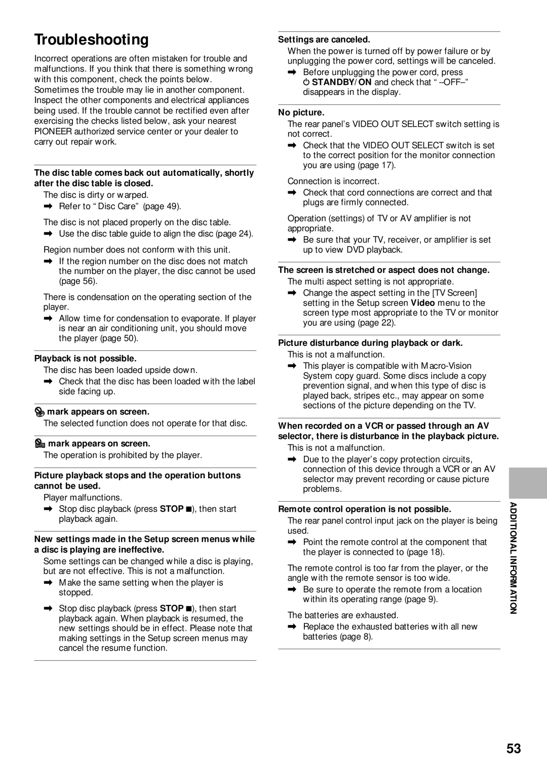 Pioneer DV-525 operating instructions Troubleshooting 