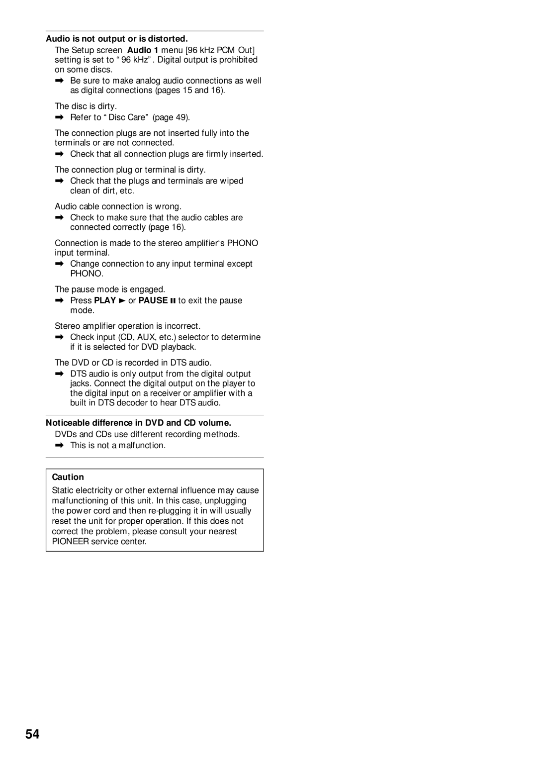 Pioneer DV-525 operating instructions Audio is not output or is distorted, Phono 