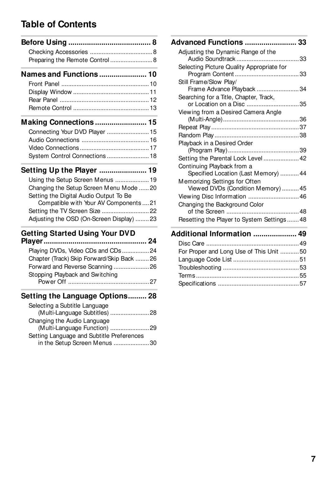 Pioneer DV-525 operating instructions Table of Contents 