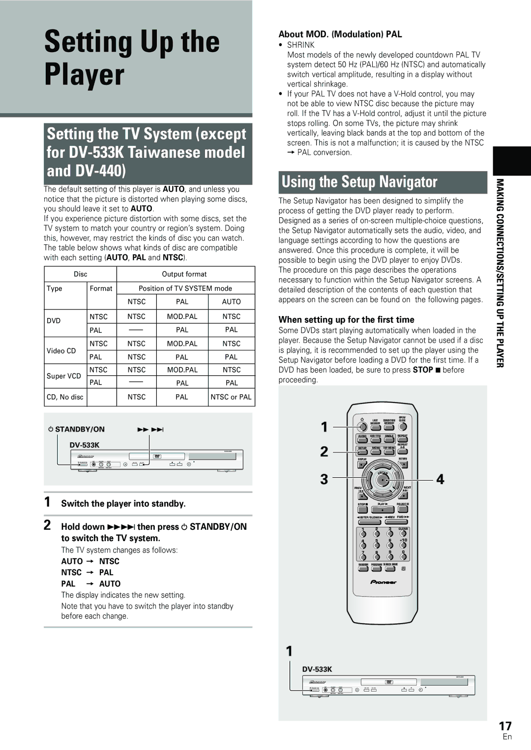 Pioneer DV-440, DV-533K Setting Up the Player, Using the Setup Navigator, About MOD. Modulation PAL 