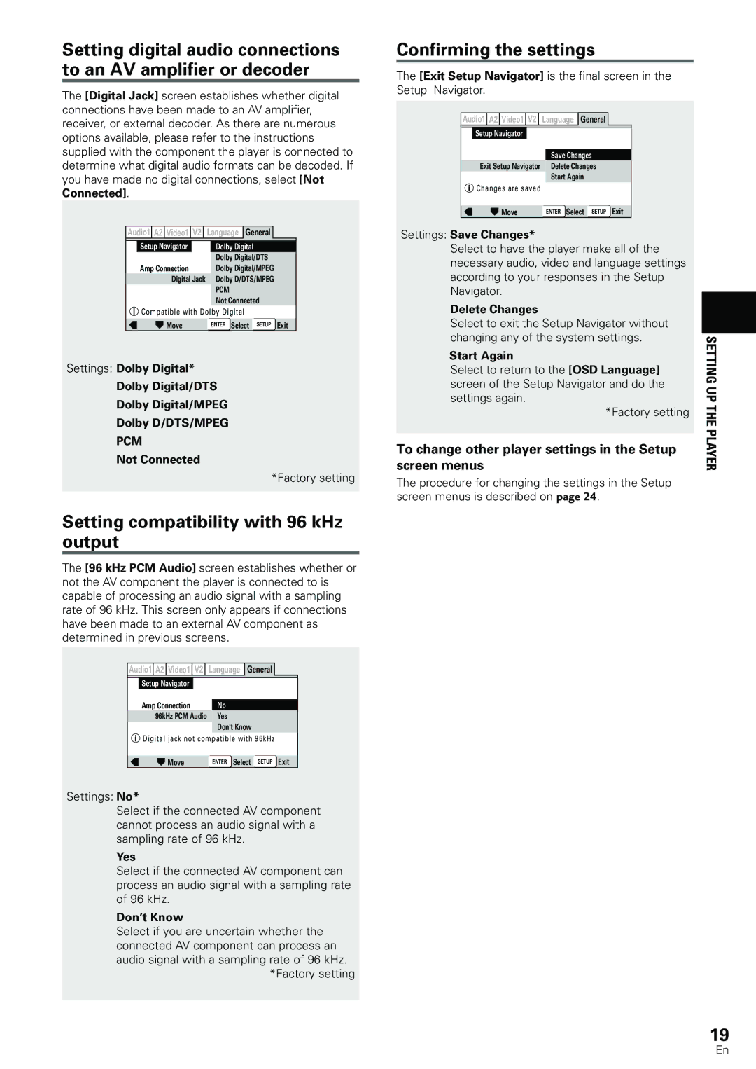 Pioneer DV-533K, DV-440 Setting compatibility with 96 kHz output, Confirming the settings, Screen menus 