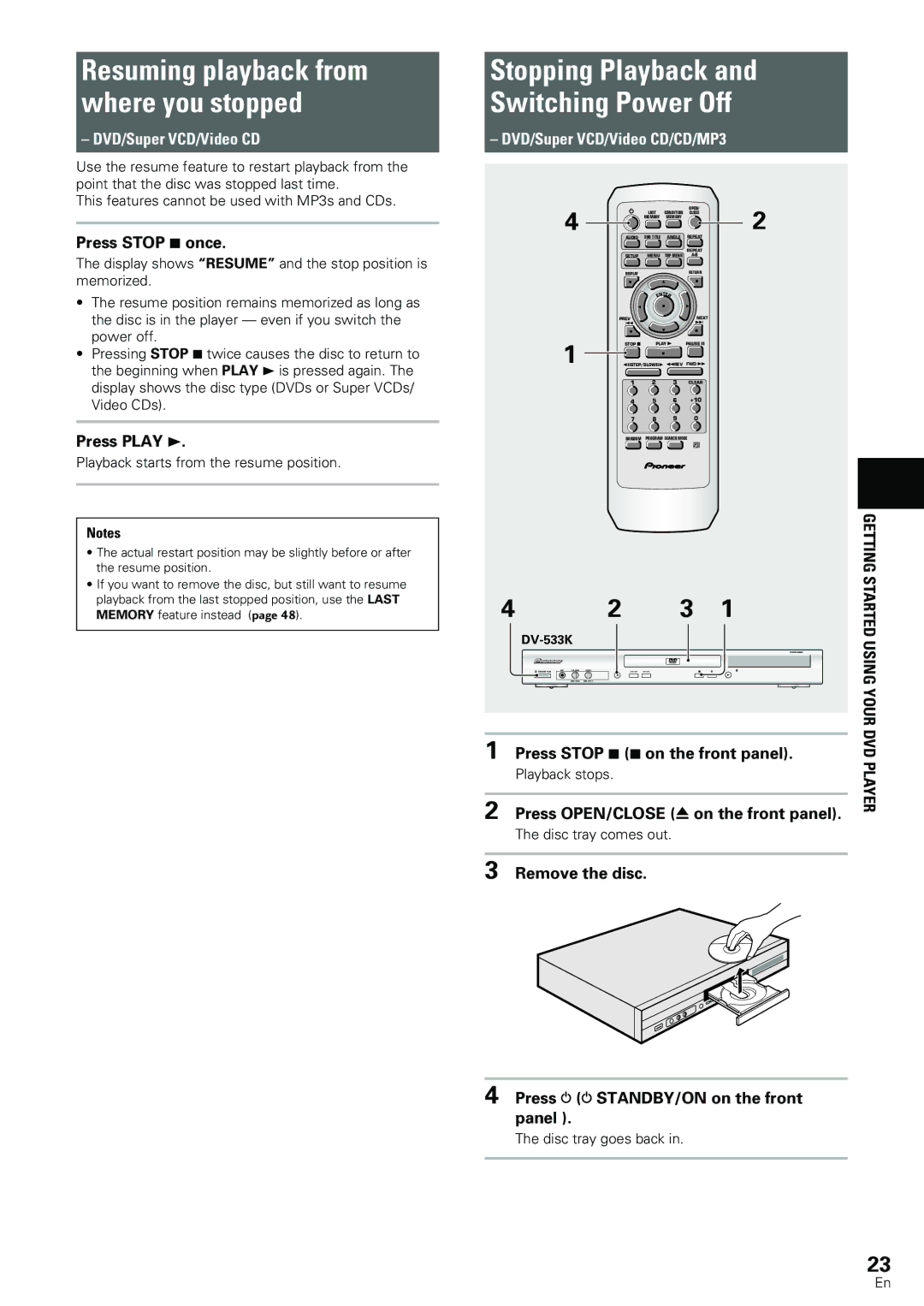 Pioneer DV-440 Stopping Playback Switching Power Off, Press Stop 7 once, Press Play, Press Stop 7 7 on the front panel 