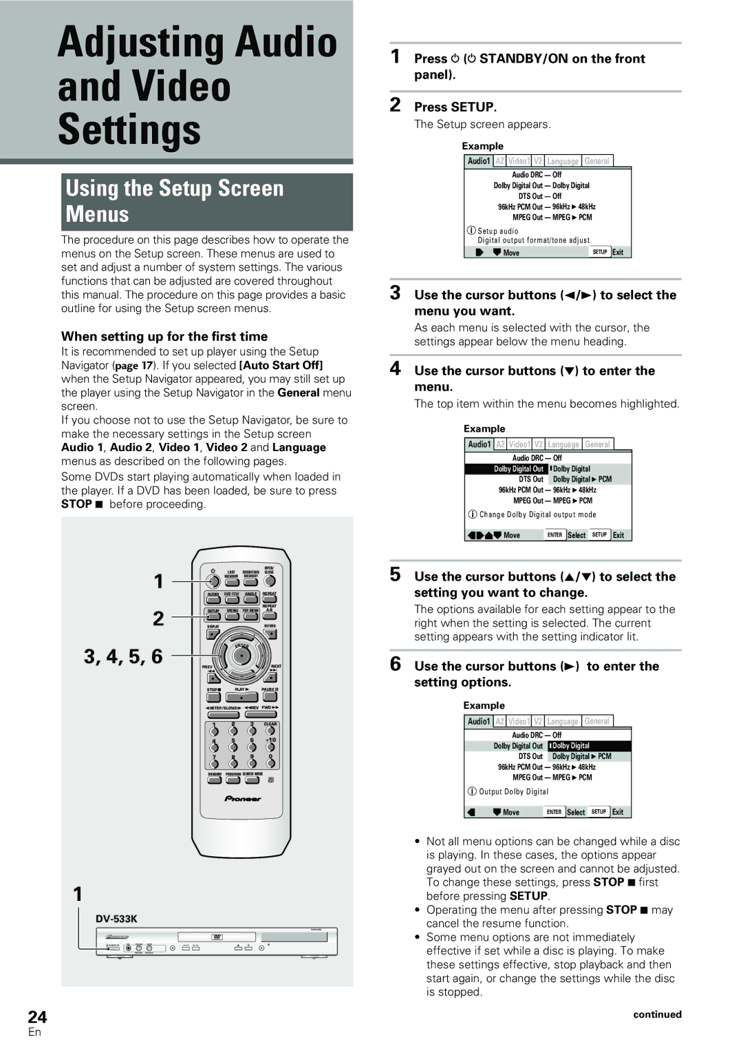 Pioneer DV-533K, DV-440 operating instructions Adjusting Audio Video Settings, Using the Setup Screen Menus 