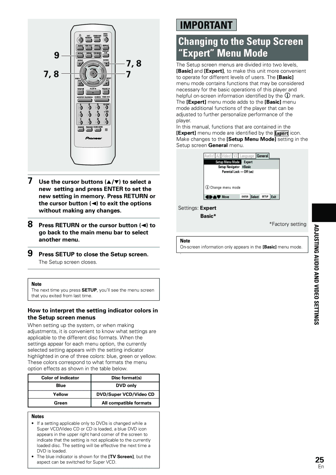 Pioneer DV-533K Changing to the Setup Screen Expert Menu Mode, Setup screen closes, Settings Expert Basic Factory setting 