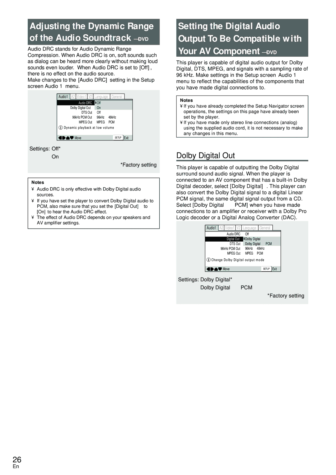 Pioneer DV-440, DV-533 Adjusting the Dynamic Range Audio Soundtrack DVD, Dolby Digital Out, Settings Off Factory setting 