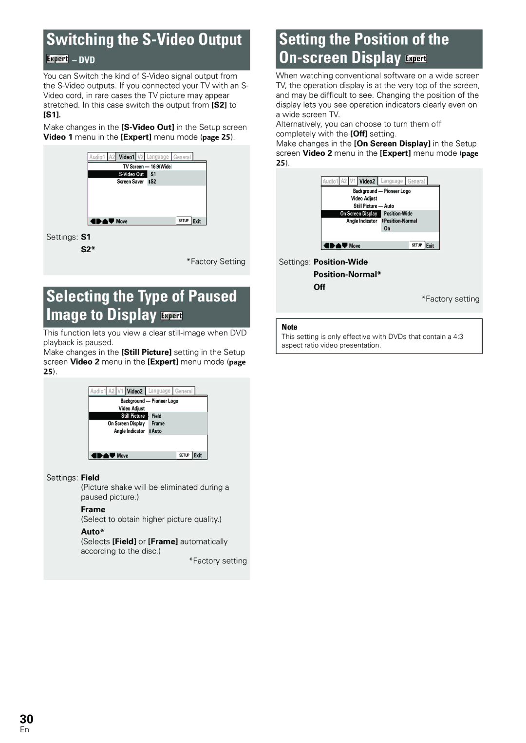 Pioneer DV-533 Switching the S-Video Output, Selecting the Type of Paused Image to Display Expert, Expert DVD, Frame 
