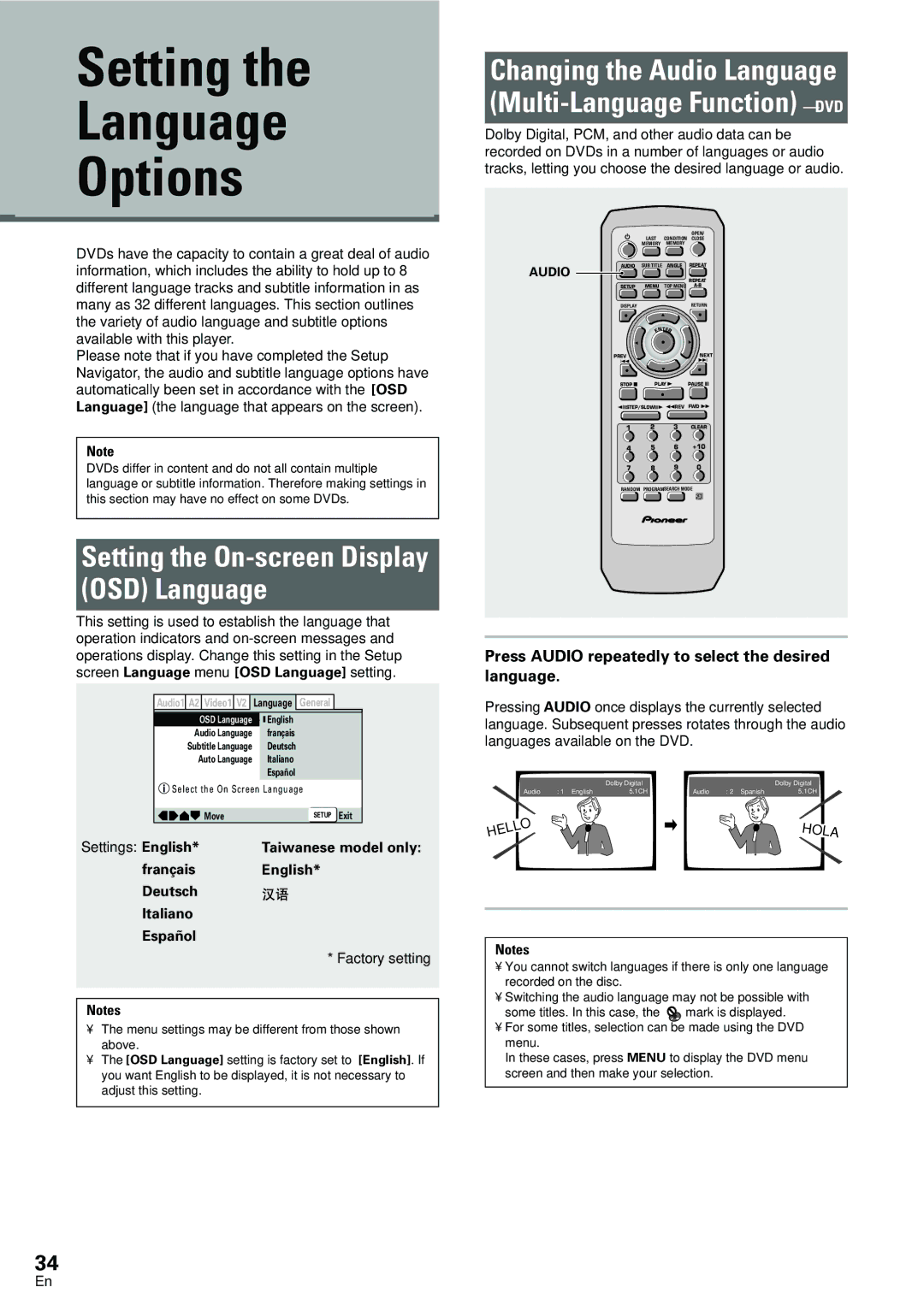 Pioneer DV-533K, DV-440 operating instructions Setting Language Options, Setting the On-screen Display OSD Language 