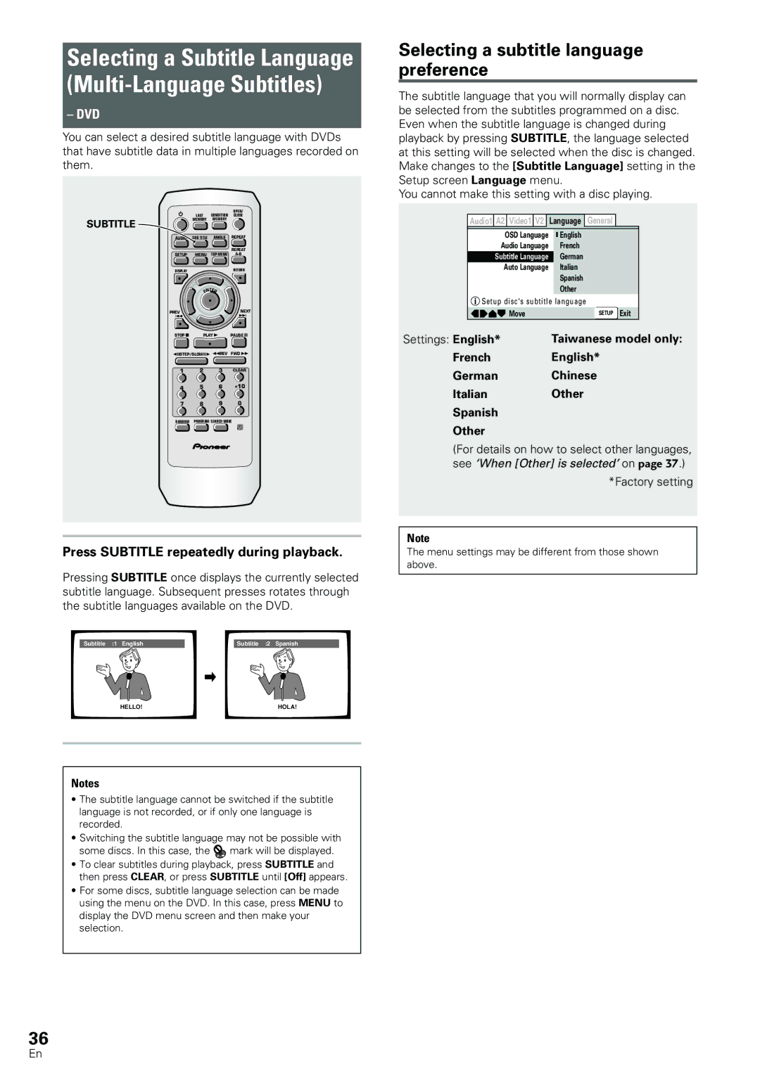 Pioneer DV-533K, DV-440 Selecting a subtitle language preference, Press Subtitle repeatedly during playback 