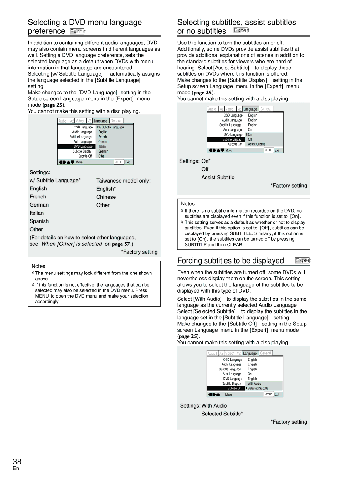 Pioneer DV-440, DV-533K Selecting a DVD menu language preference Expert, Forcing subtitles to be displayed Expert 