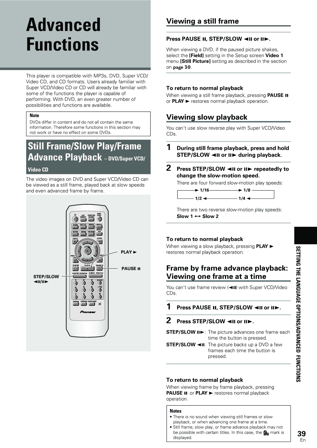 Pioneer DV-533K, DV-440 operating instructions Advanced Functions, Viewing a still frame, Viewing slow playback 