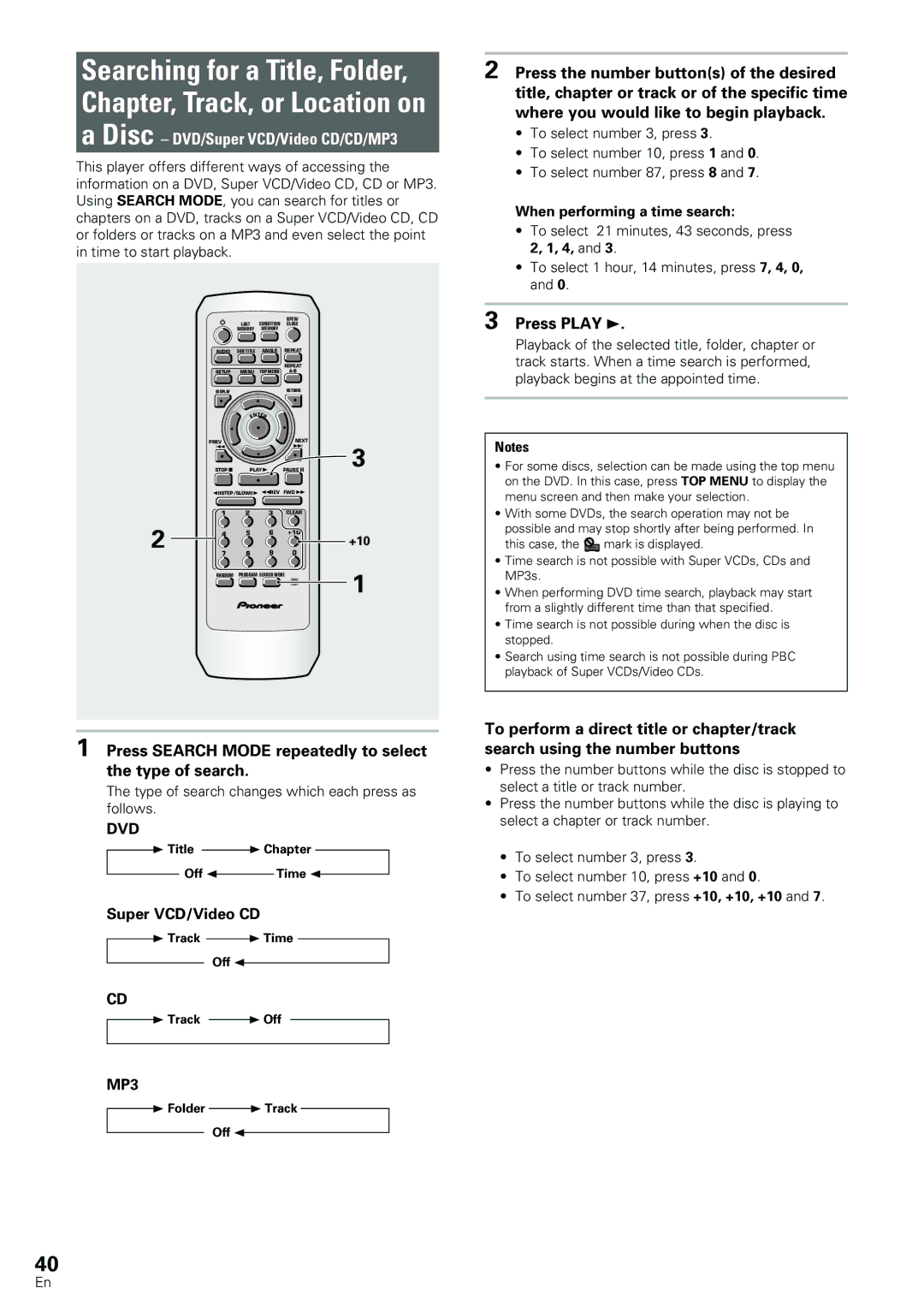 Pioneer DV-533K, DV-440 Press Search Mode repeatedly to select the type of search, When performing a time search 