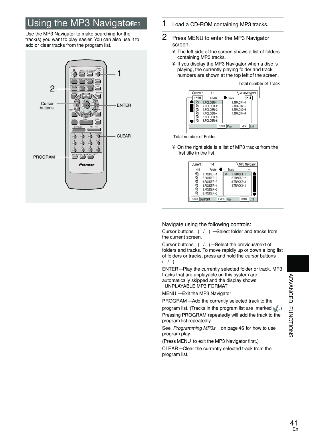 Pioneer DV-440, DV-533K operating instructions Using the MP3 Navigator MP3, Navigate using the following controls 