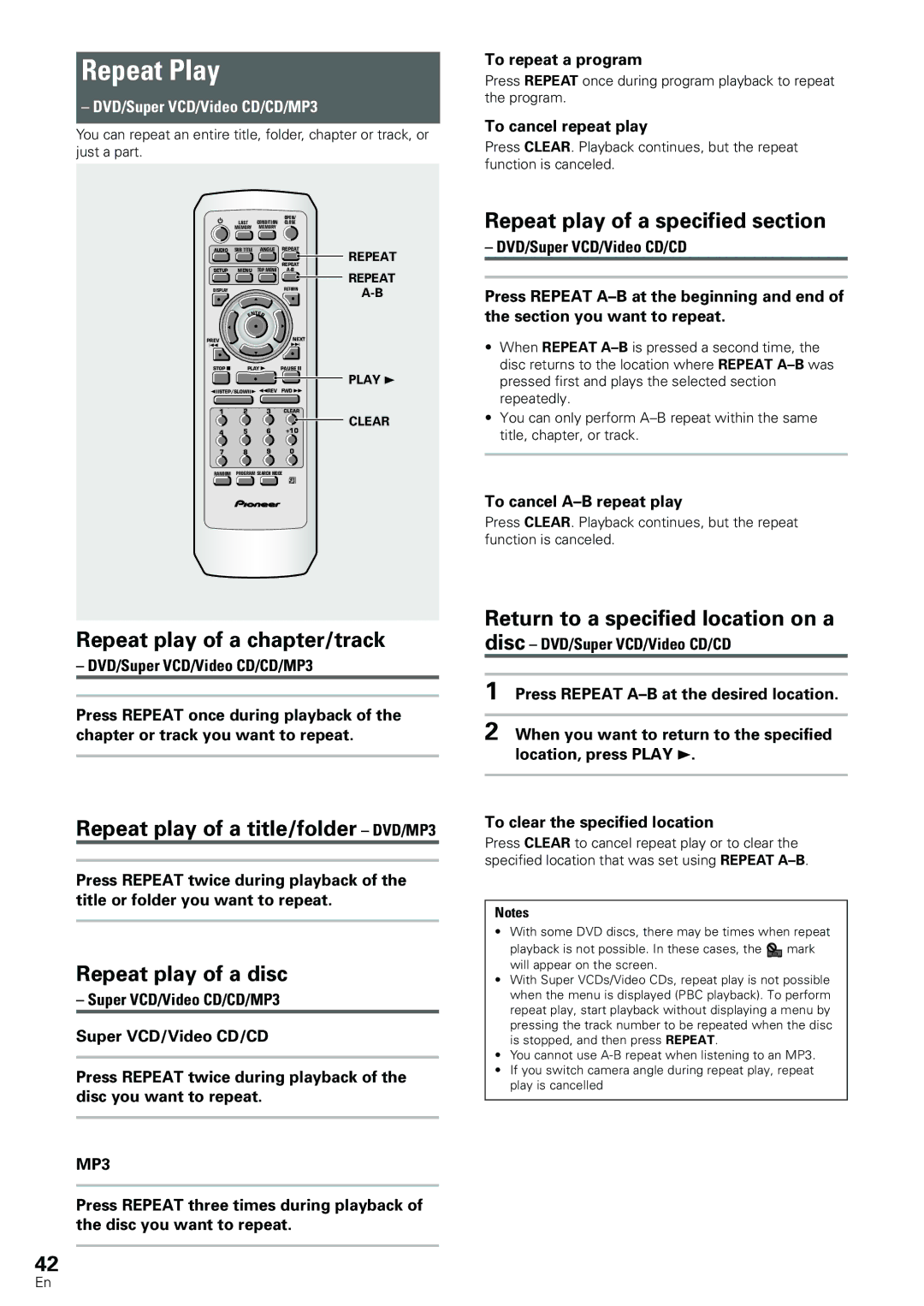 Pioneer DV-533K, DV-440 operating instructions Repeat Play 