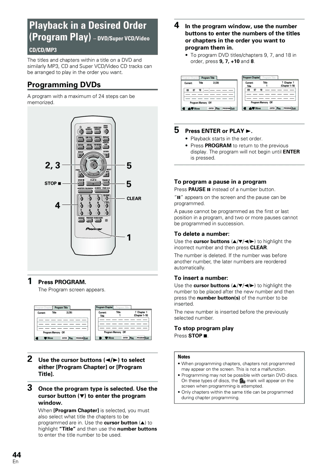 Pioneer DV-440, DV-533K operating instructions Playback in a Desired Order, Programming DVDs 