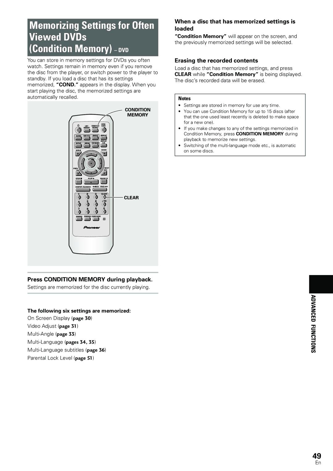 Pioneer DV-533K, DV-440 Press Condition Memory during playback, When a disc that has memorized settings is loaded 