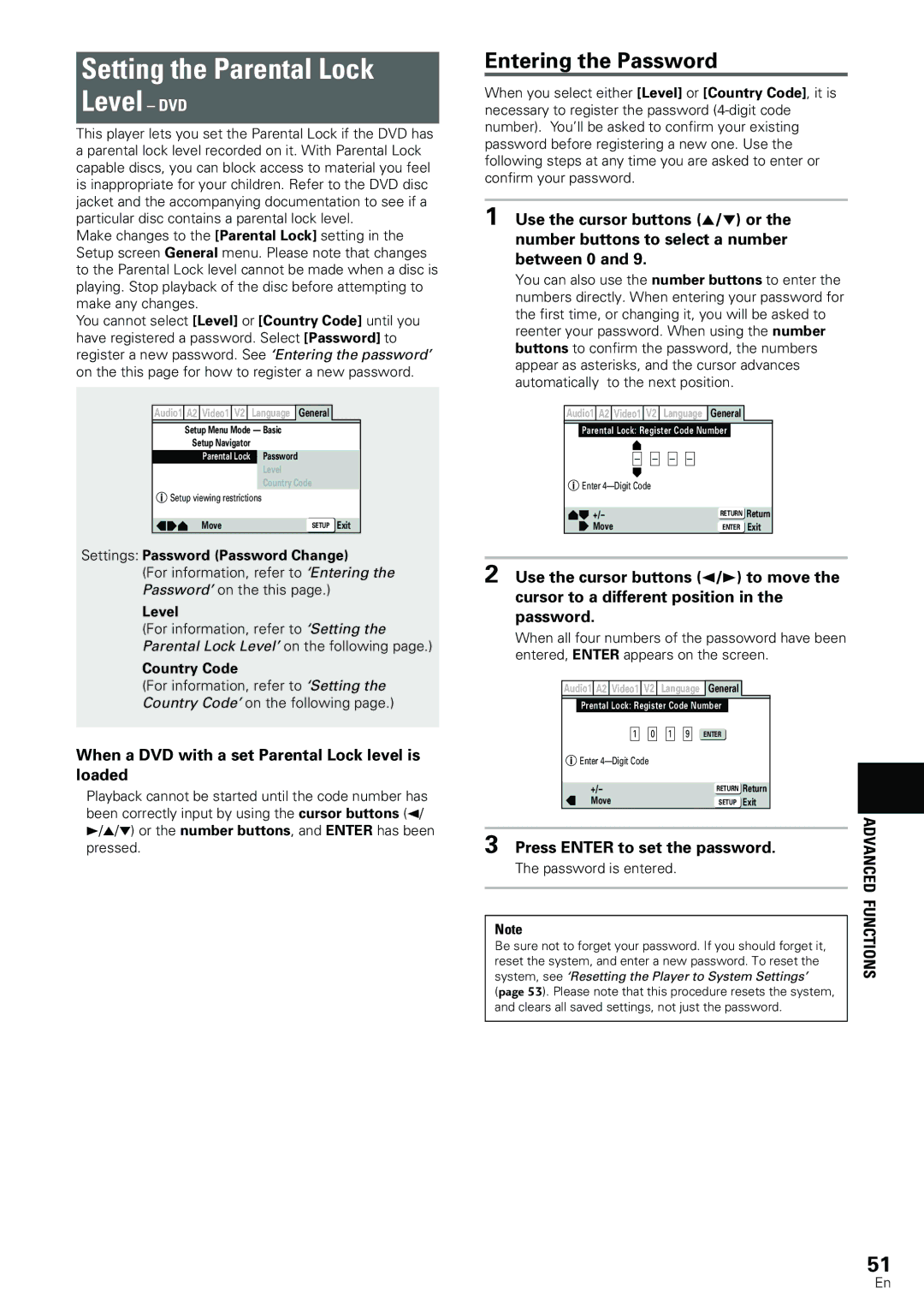 Pioneer DV-533K, DV-440 Setting the Parental Lock Level DVD, Entering the Password, Press Enter to set the password 