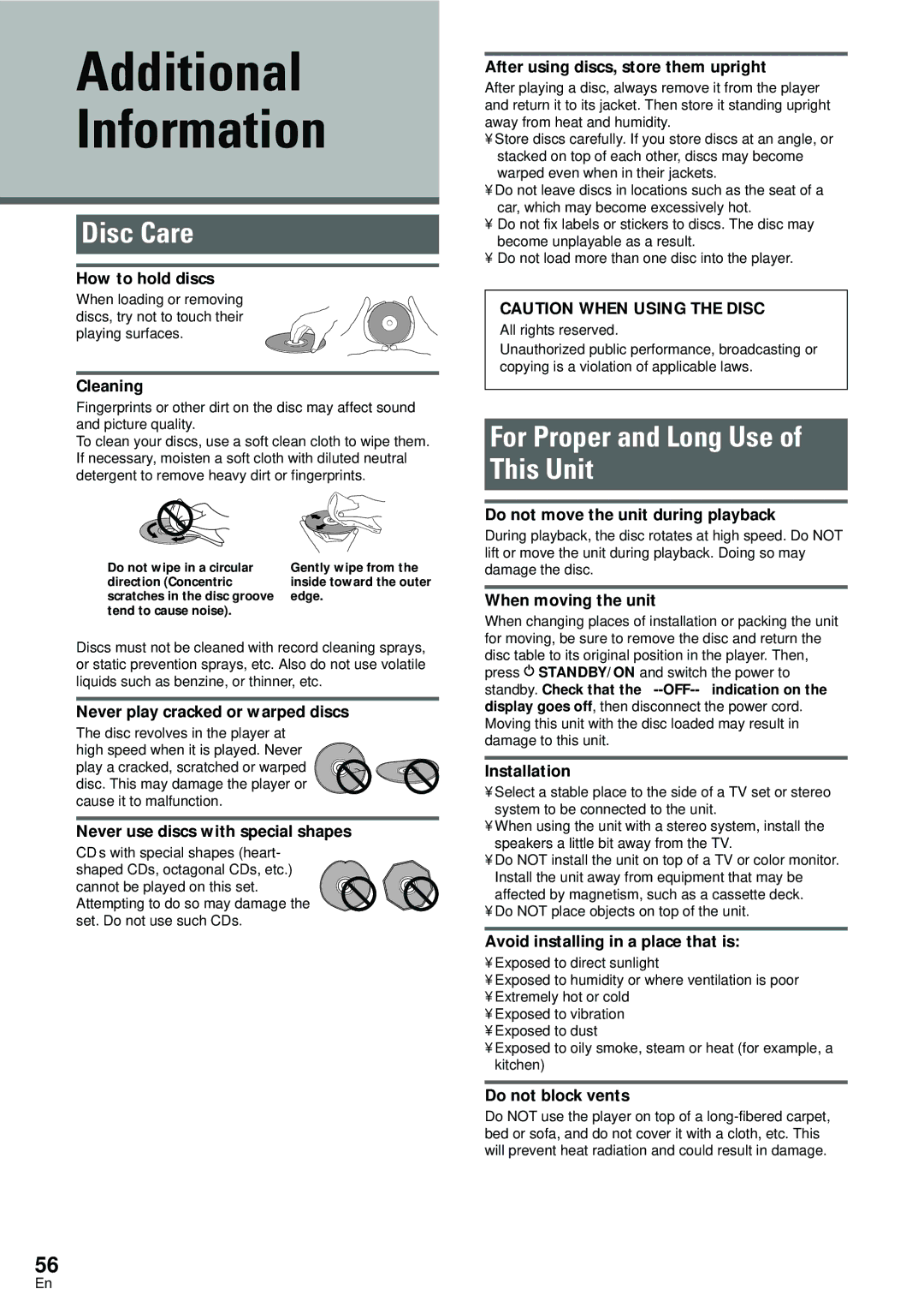 Pioneer DV-440, DV-533K operating instructions Additional Information, Disc Care, For Proper and Long Use This Unit 