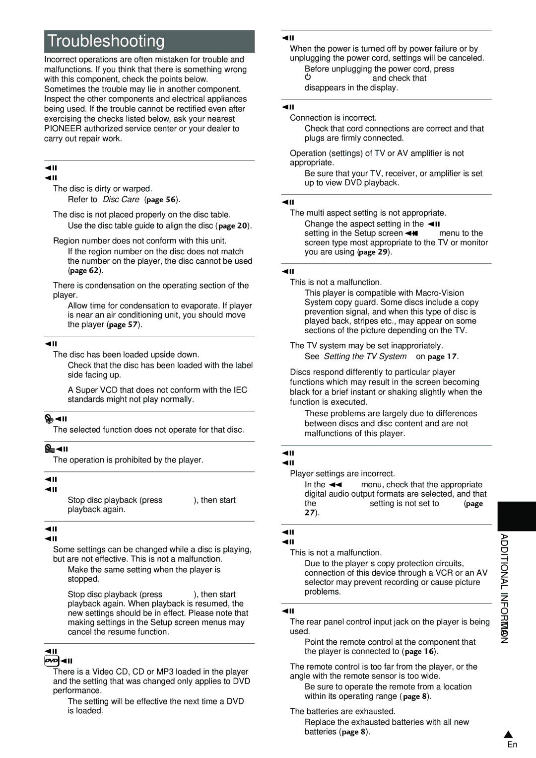 Pioneer DV-440, DV-533K operating instructions Troubleshooting 