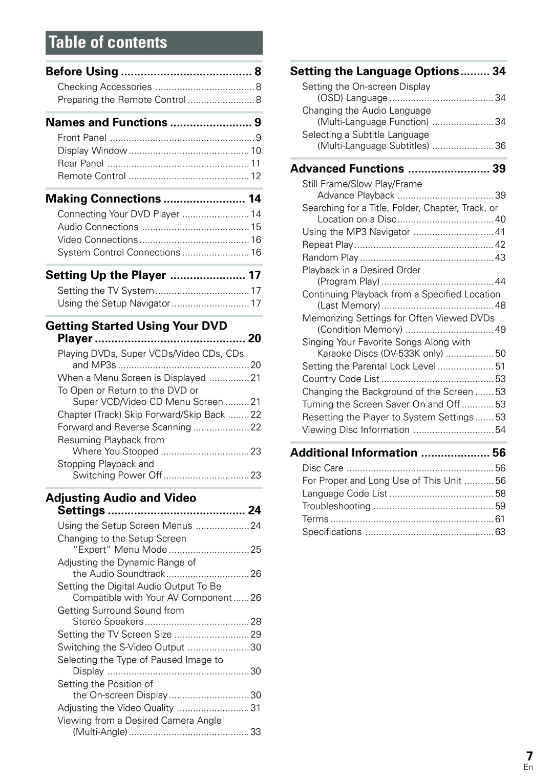 Pioneer DV-533K, DV-440 operating instructions Table of contents 