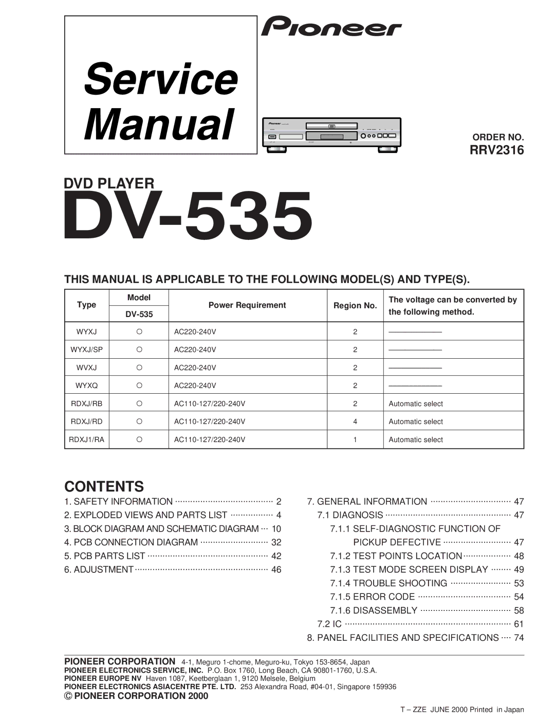 Pioneer DV-535 specifications 