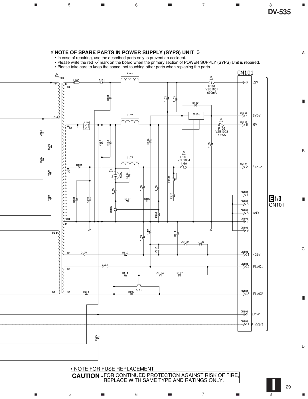 Pioneer DV-535 specifications Replace with Same Type and Ratings only 