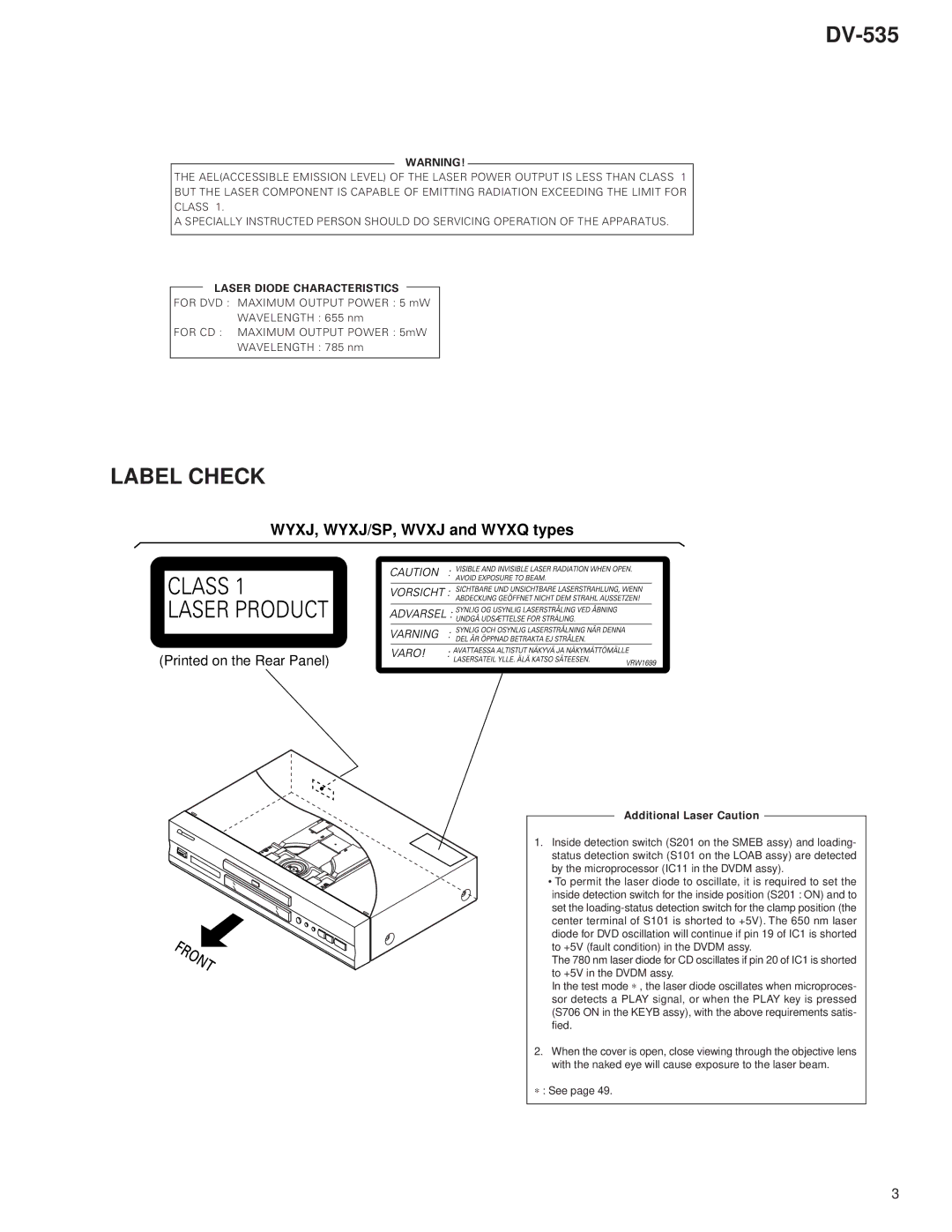 Pioneer DV-535 specifications Label Check, WYXJ, WYXJ/SP, Wvxj and Wyxq types 