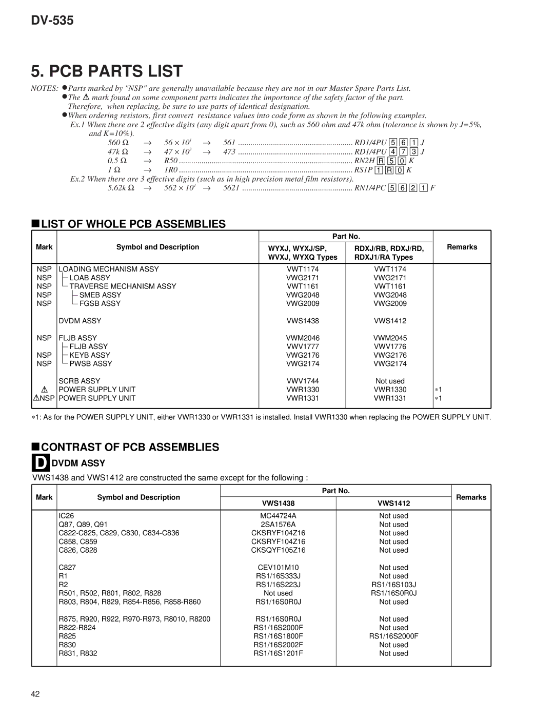 Pioneer DV-535 specifications List of Whole PCB Assemblies, Contrast of PCB Assemblies 