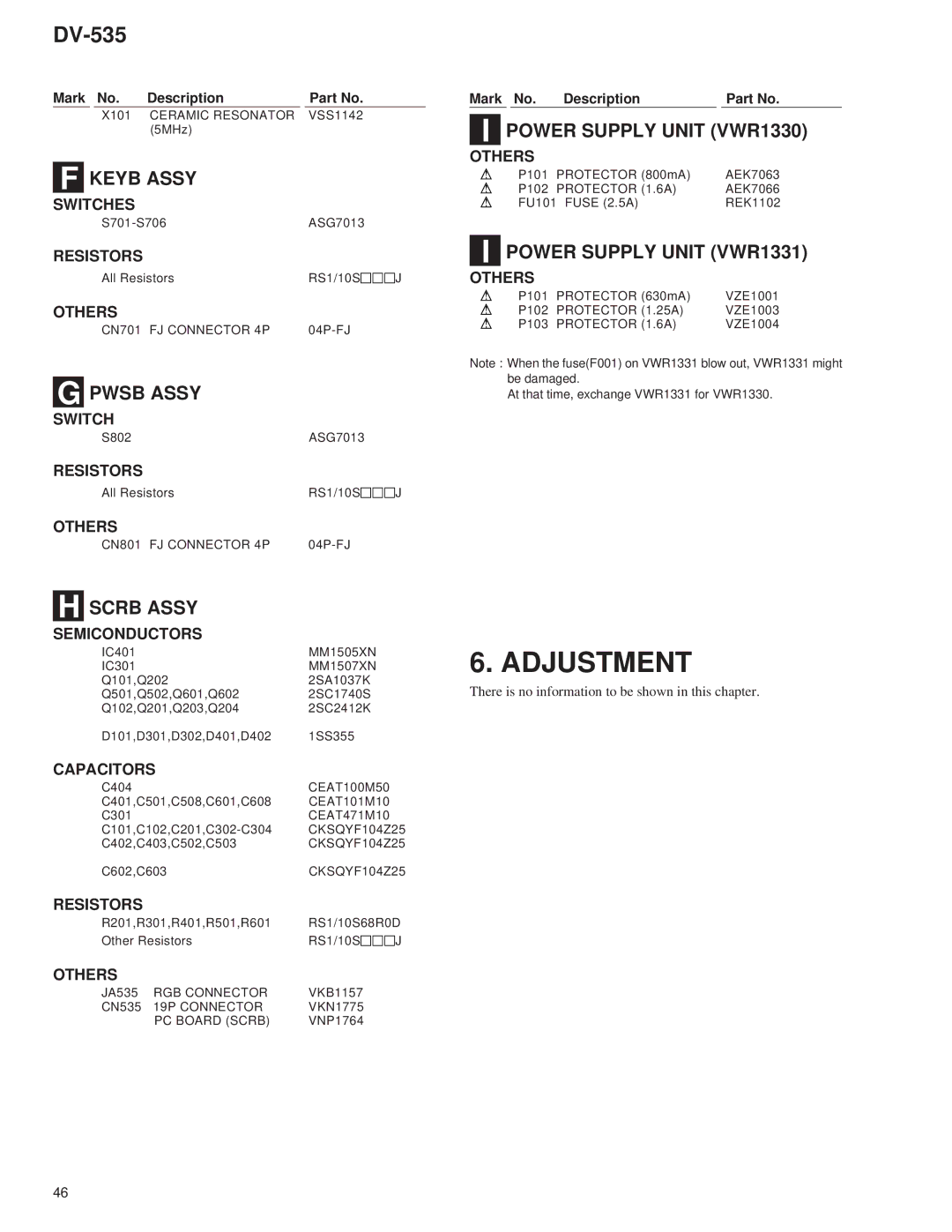 Pioneer DV-535 specifications Keyb Assy, Pwsb Assy, Scrb Assy, Power Supply Unit VWR1330, Power Supply Unit VWR1331 