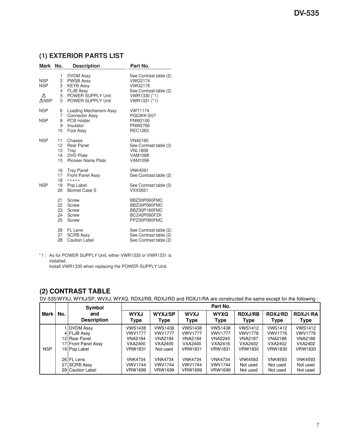 Pioneer DV-535 specifications Exterior Parts List 