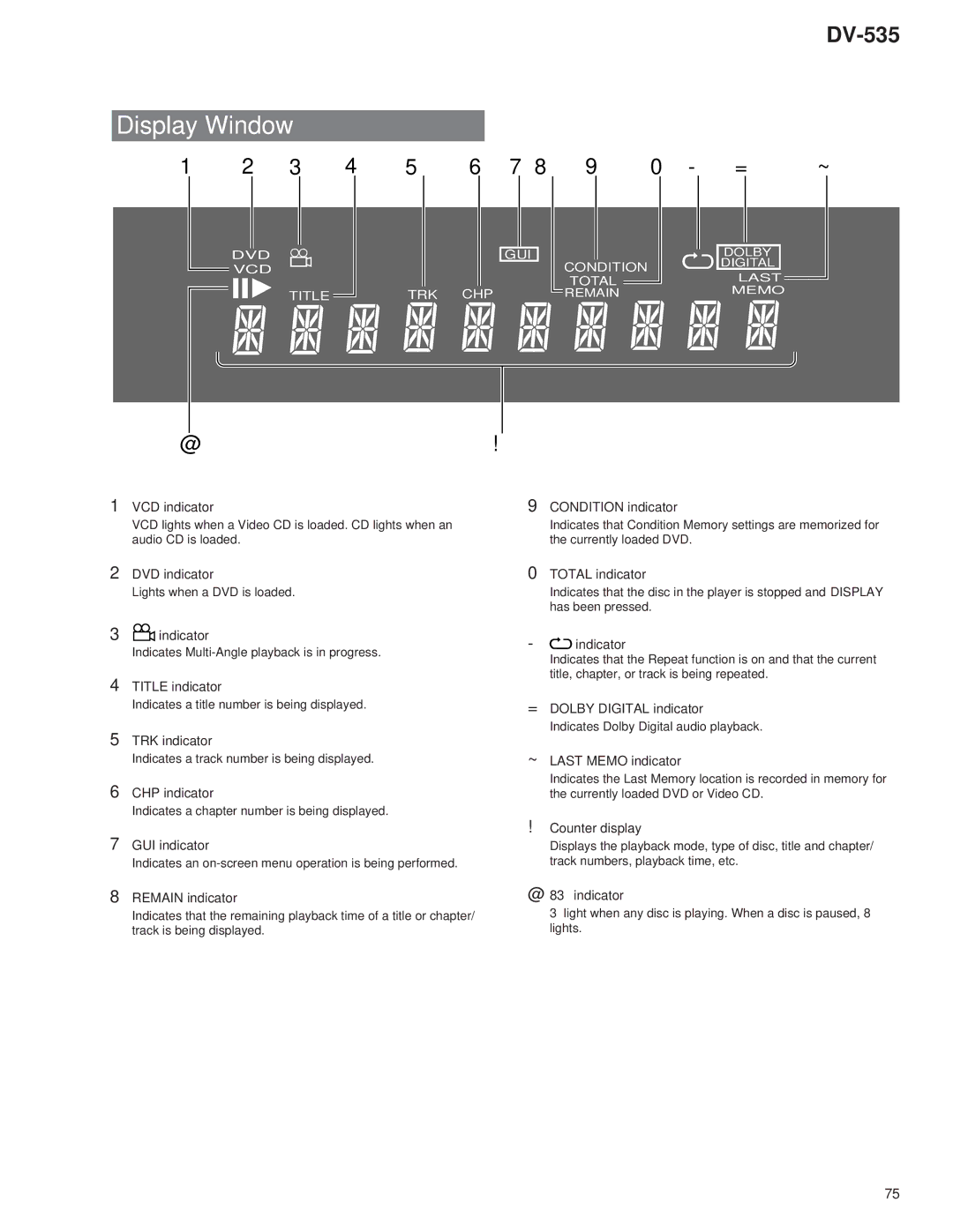 Pioneer DV-535 specifications Display Window 