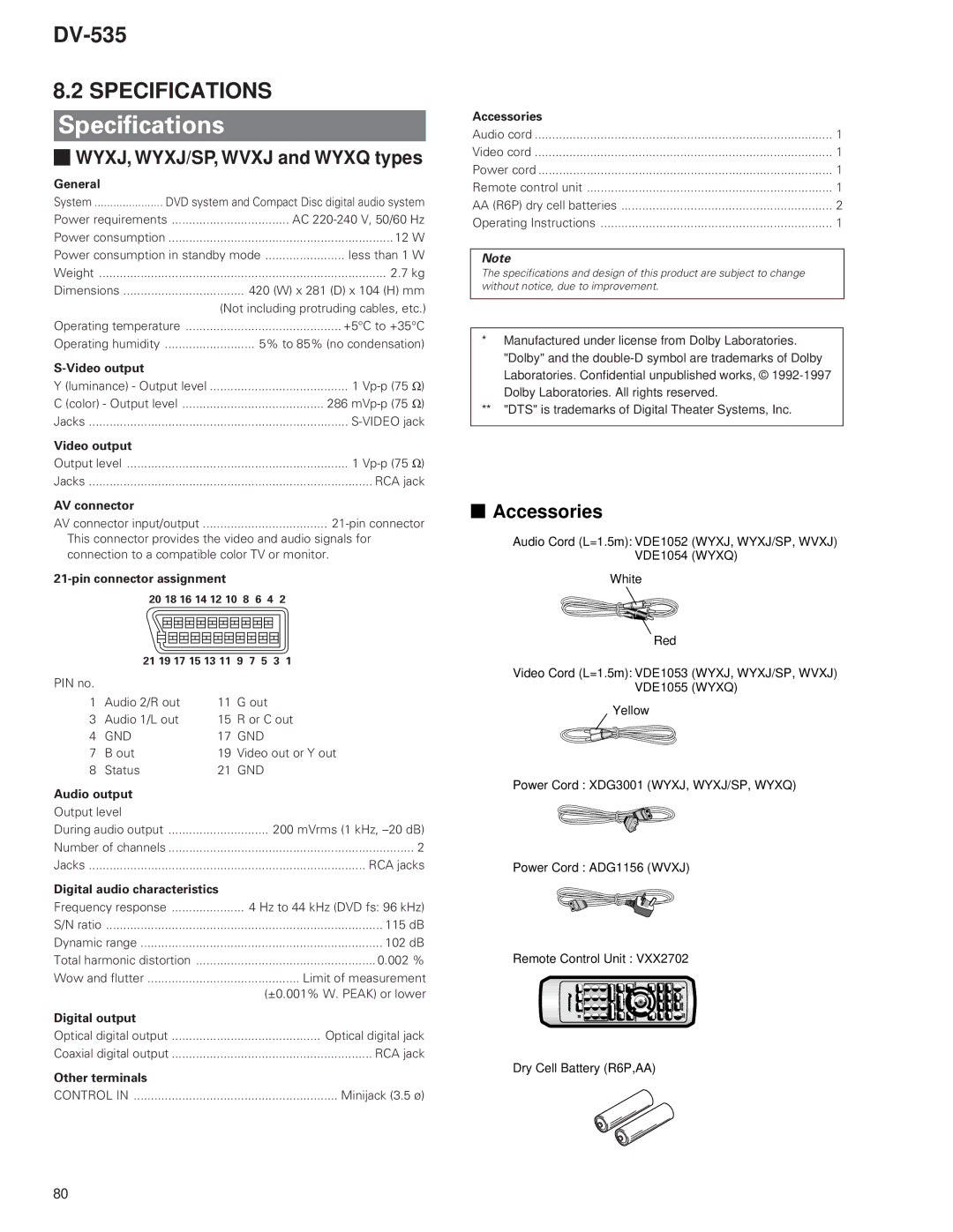 Pioneer DV-535 specifications Specifications 