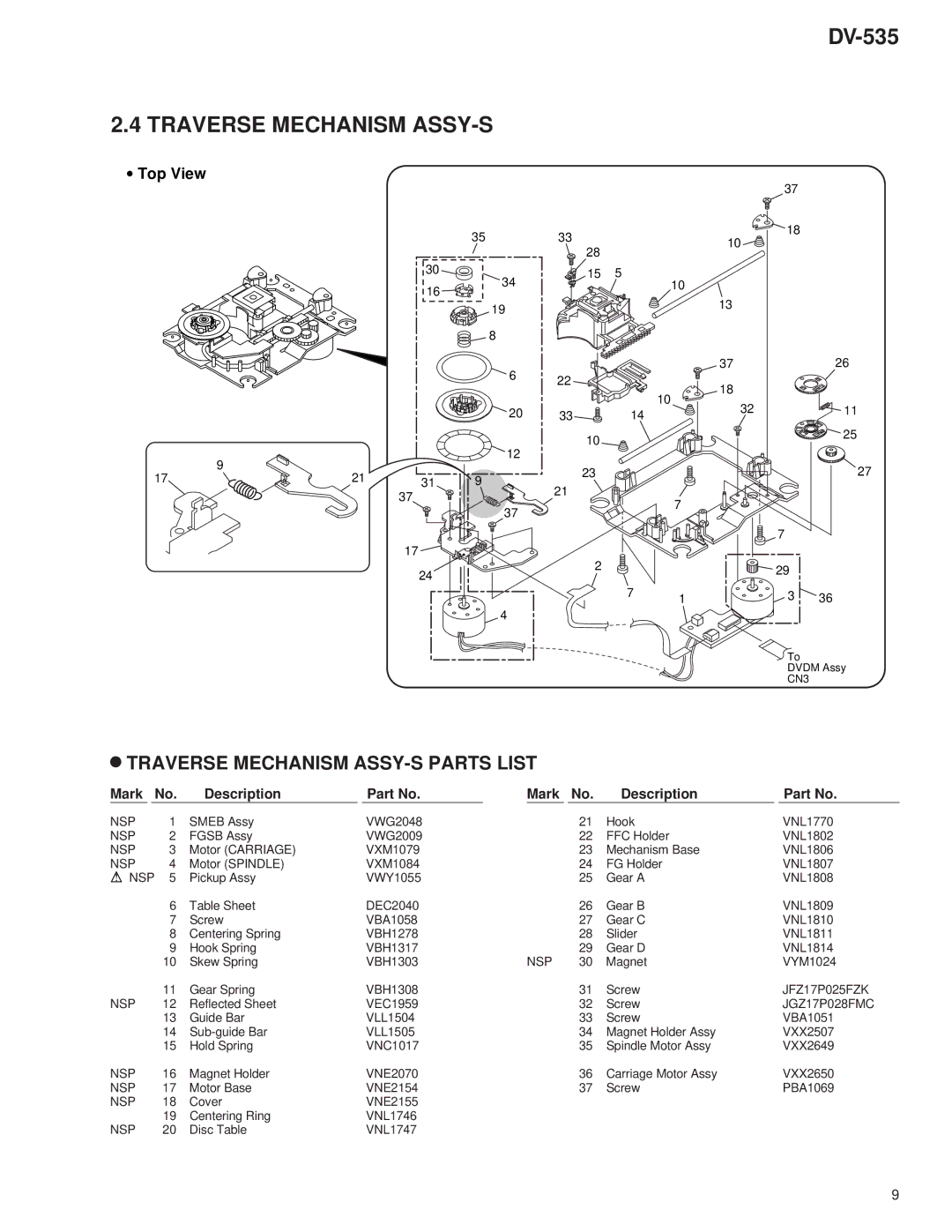 Pioneer DV-535 specifications Traverse Mechanism ASSY-S Parts List, Top View, JFZ17P025FZK 