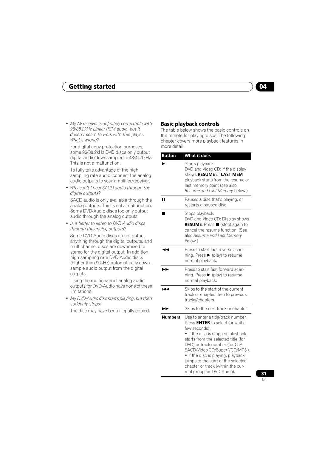 Pioneer DV-667A-K, DV-563A, DV-667A-S operating instructions Basic playback controls, Shows Resume or Last MEM 