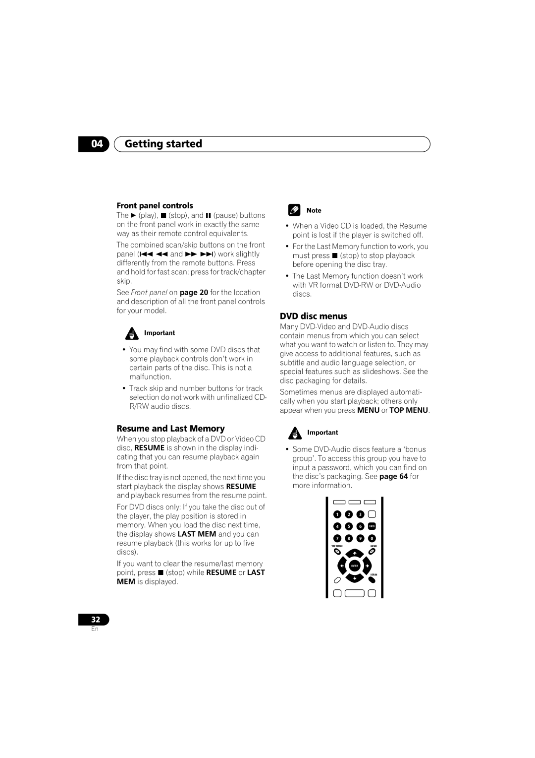 Pioneer DV-667A-S, DV-563A, DV-667A-K operating instructions DVD disc menus, Resume and Last Memory, Front panel controls 