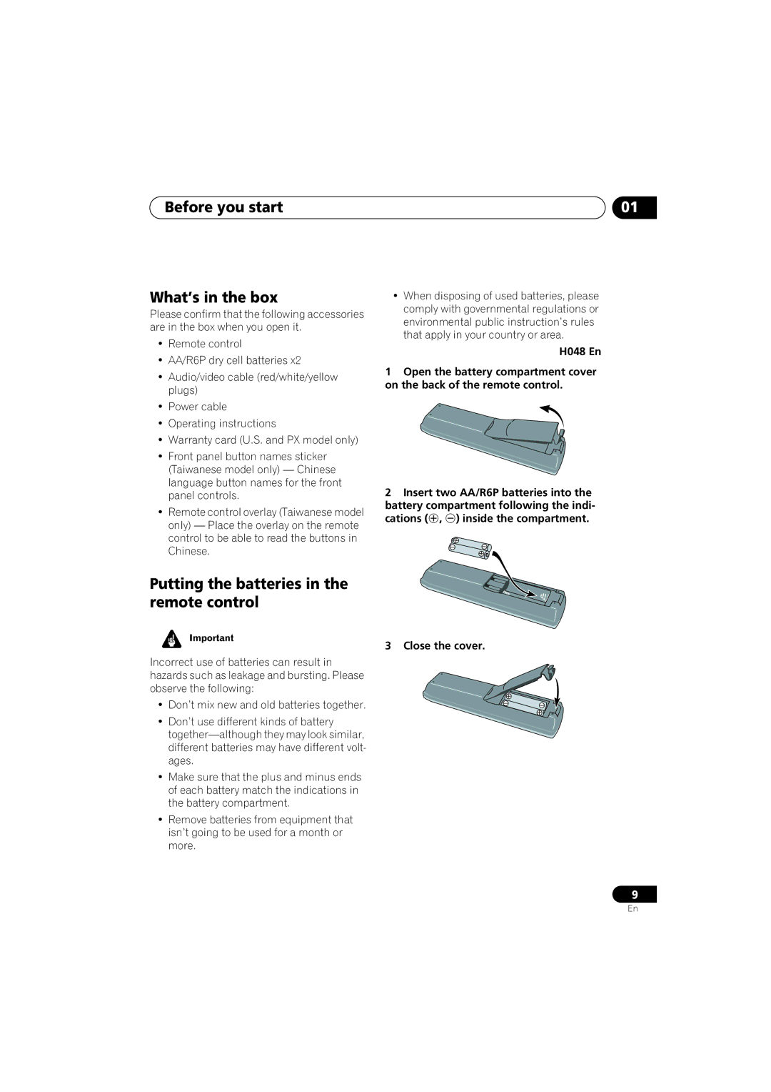 Pioneer DV-563A, DV-667A-K, DV-667A-S Before you start What’s in the box, Putting the batteries in the remote control 