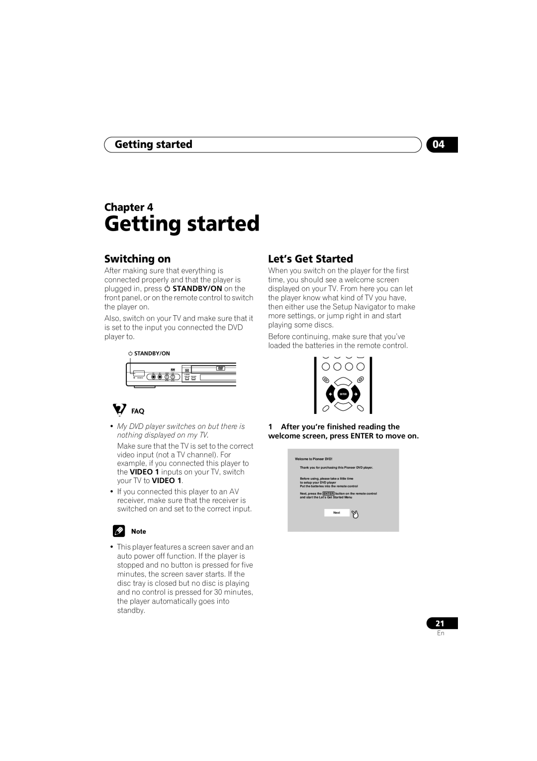 Pioneer DV-566K-s operating instructions Getting started Chapter, Switching on, Let’s Get Started 