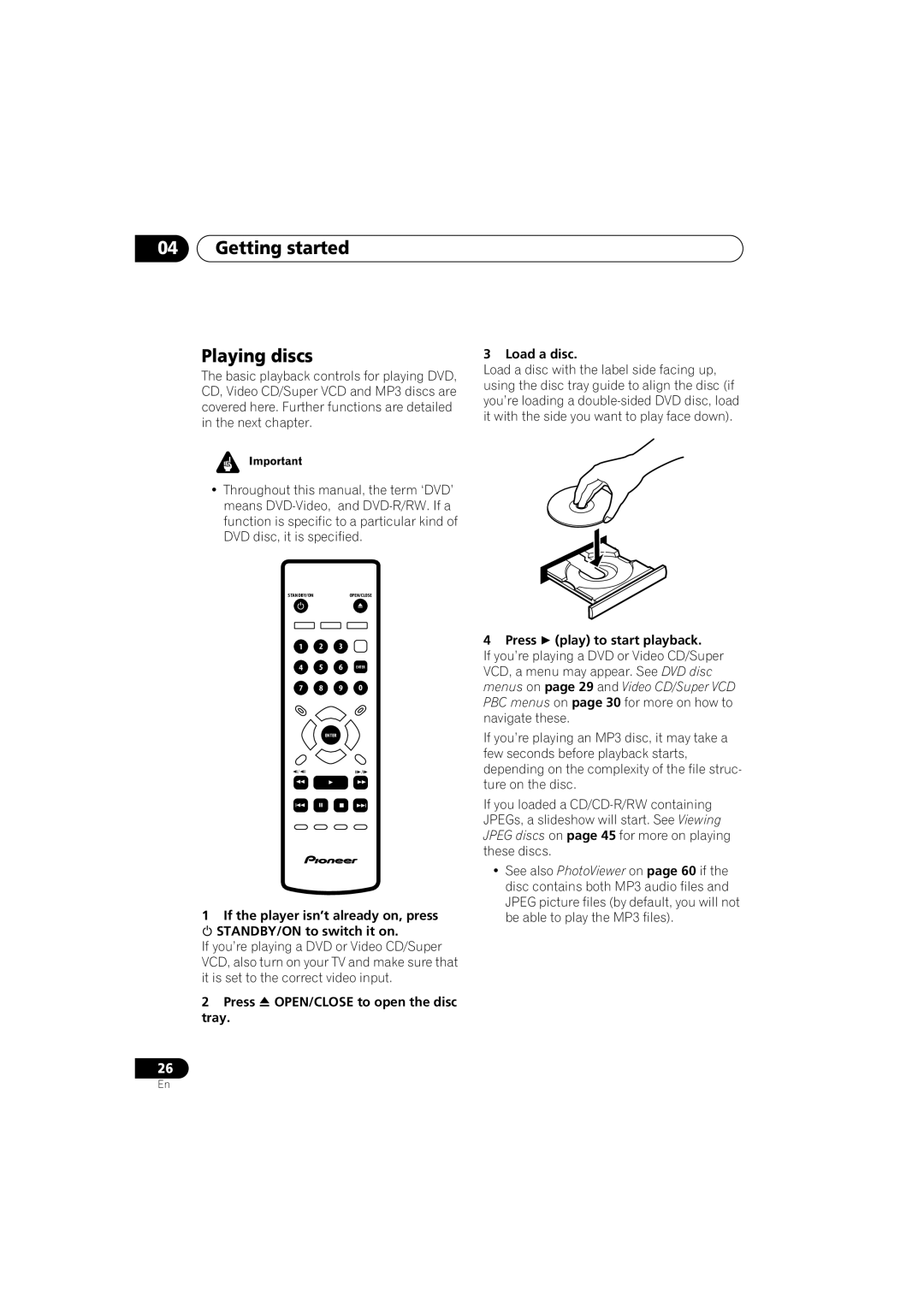 Pioneer DV-566K-s operating instructions Getting started Playing discs, Load a disc 