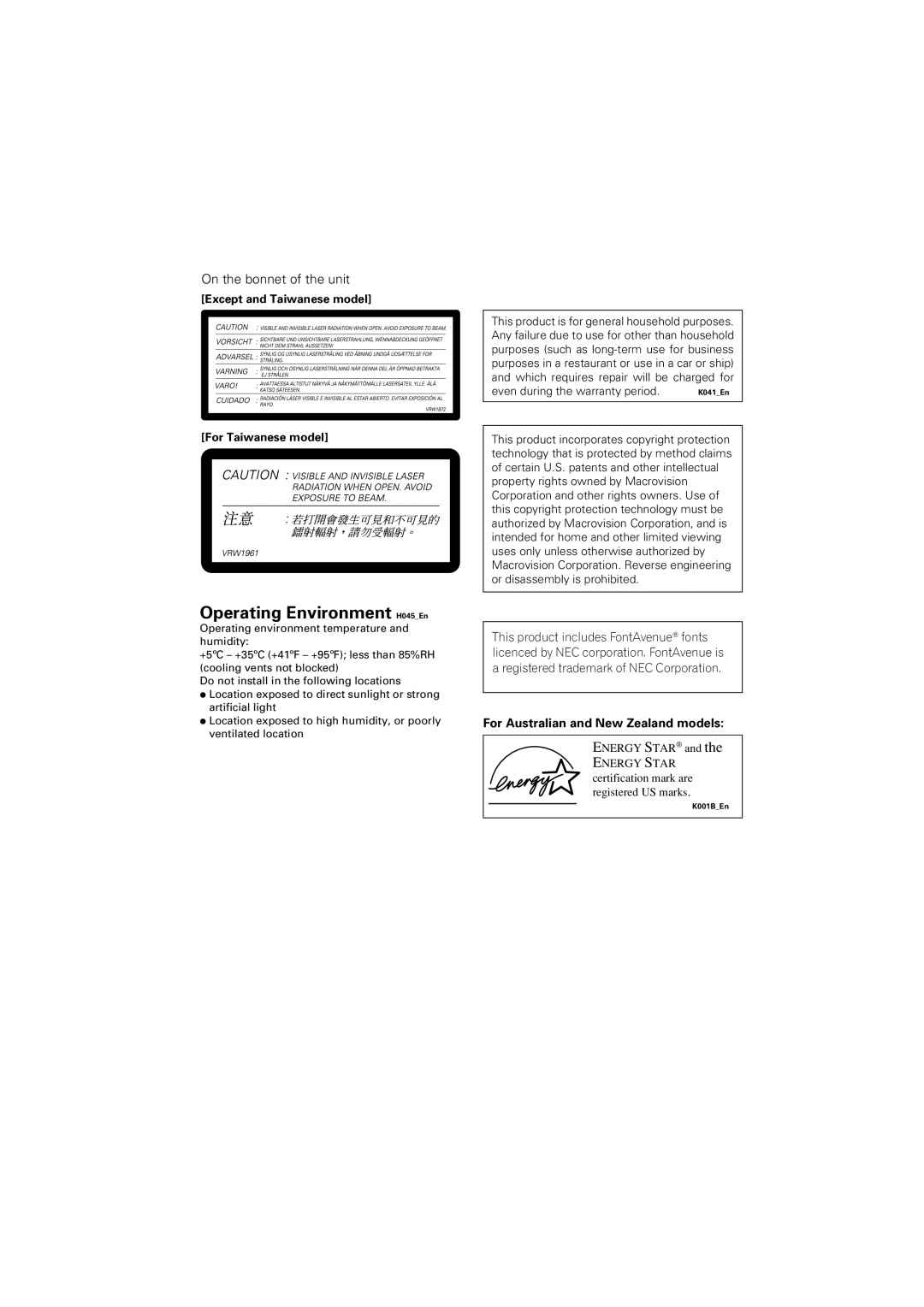 Pioneer DV-566K-s operating instructions On the bonnet of the unit, For Australian and New Zealand models 