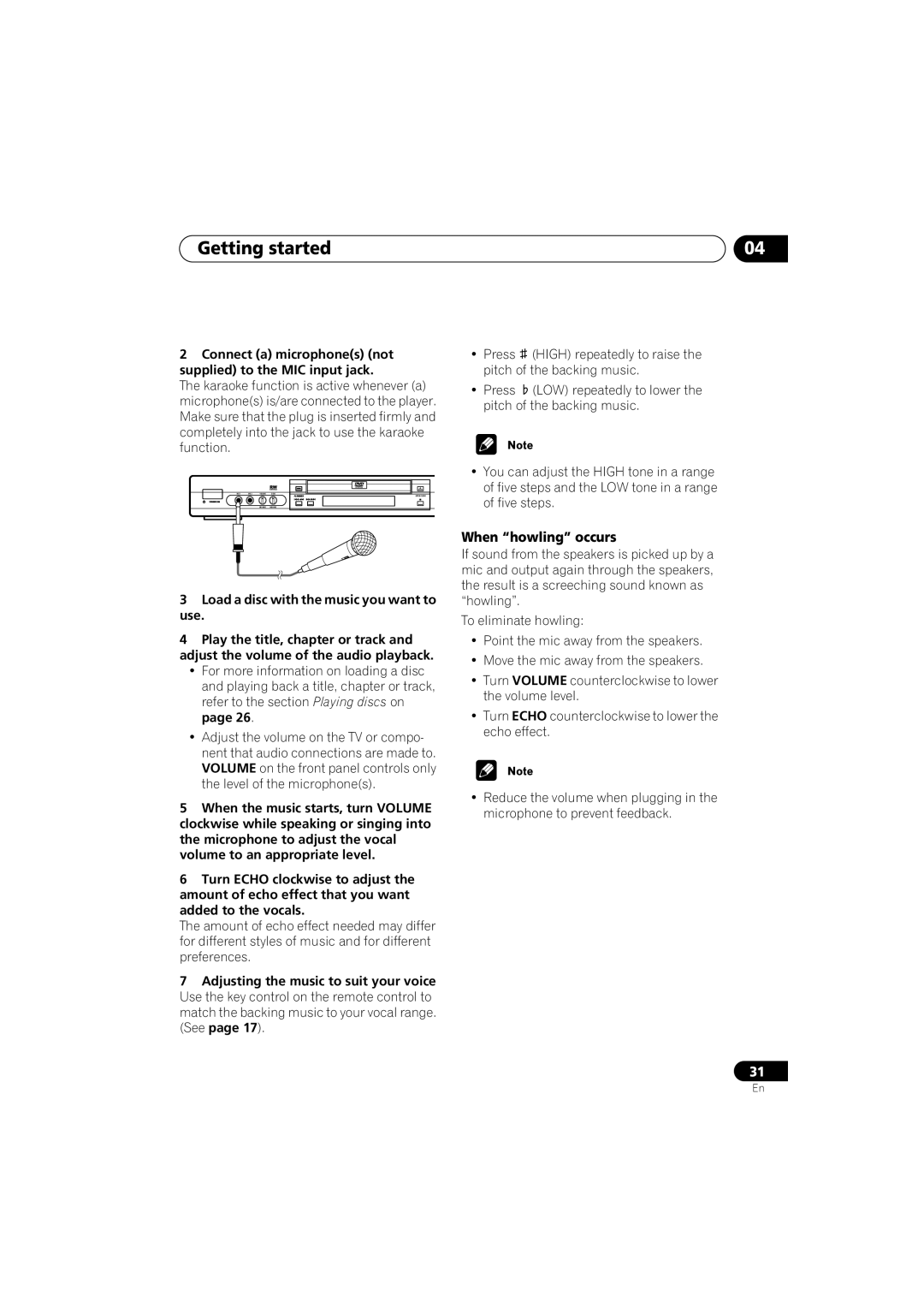 Pioneer DV-566K-s operating instructions When howling occurs, Press High repeatedly to raise Pitch of the backing music 