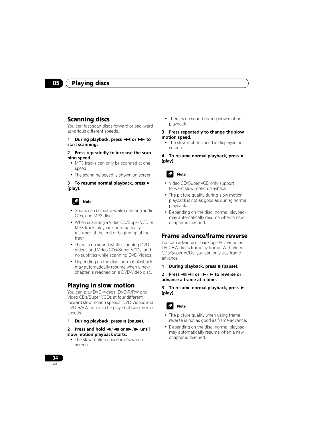 Pioneer DV-566K-s operating instructions Playing discs Scanning discs, Playing in slow motion, Frame advance/frame reverse 