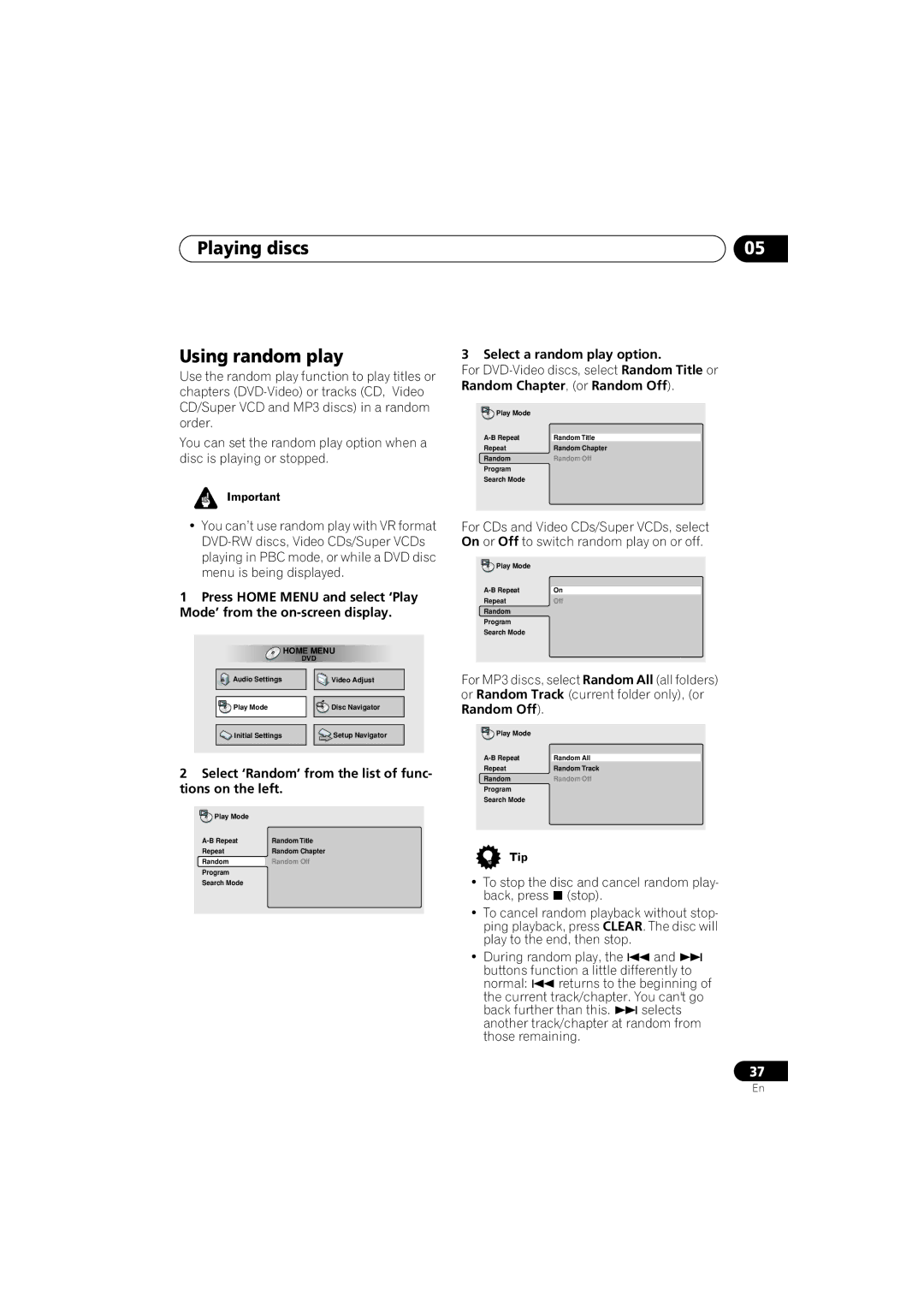 Pioneer DV-566K-s operating instructions Playing discs Using random play, Select a random play option 